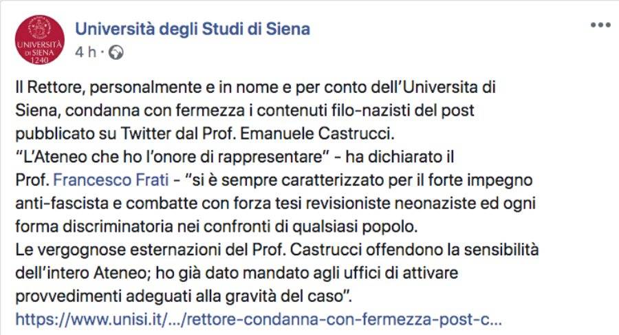 Post di Facebook dell'università di Siena