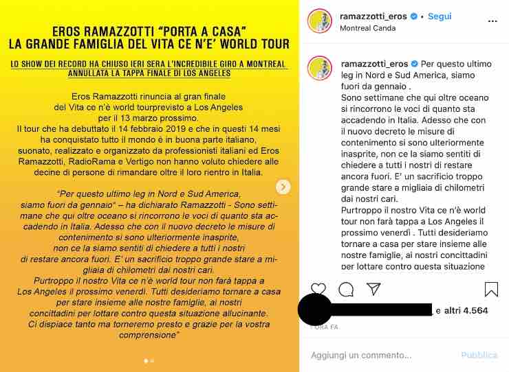 Eros Ramazzotti - Coronavirus, la dolorosa rinuncia: "Torneremo presto"