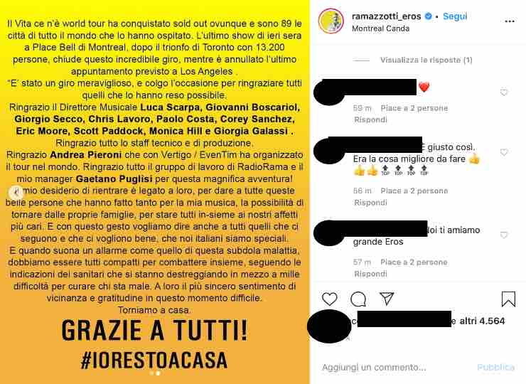 Eros Ramazzotti - Coronavirus, la dolorosa rinuncia: "Torneremo presto"