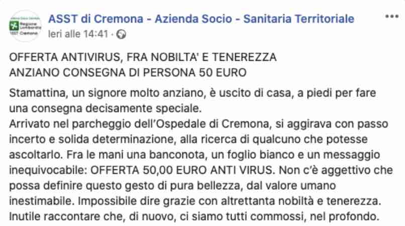 Coronavirus, l'anziano commuove l'Italia con questo gesto - FOTO