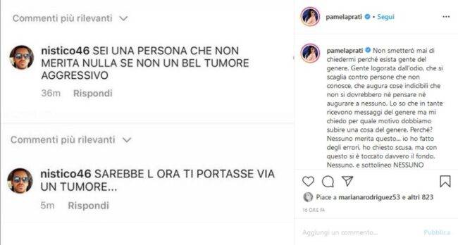 Insulti a Pamela (fonte Instagram @pamelaprati)