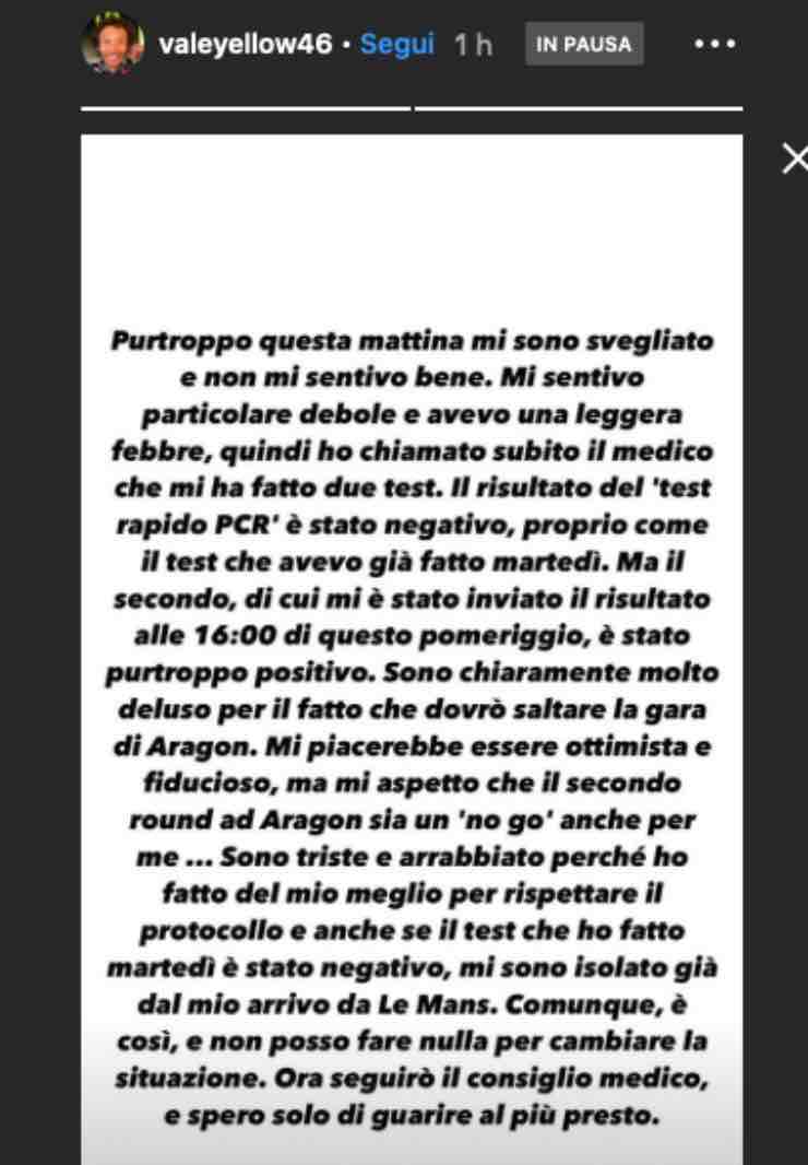 Valentino Rossi amarezza e rabbia: "Spero di guarire al più presto"