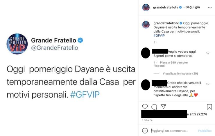 Dayane Mello dopo il lutto fuori dalla casa: "uscita temporaneamente"