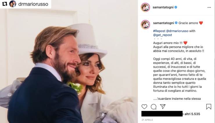 Samanta Togni e il marito: dal colpo di fulmine alla scelta per amore