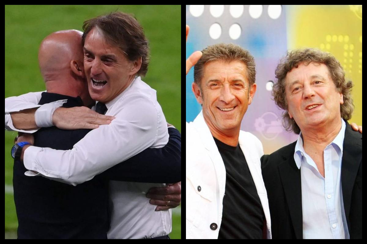 Roberto Mancini con Luca Vialli (Twitter) e Greggio con Enzo Iacchetti (GettyImages)