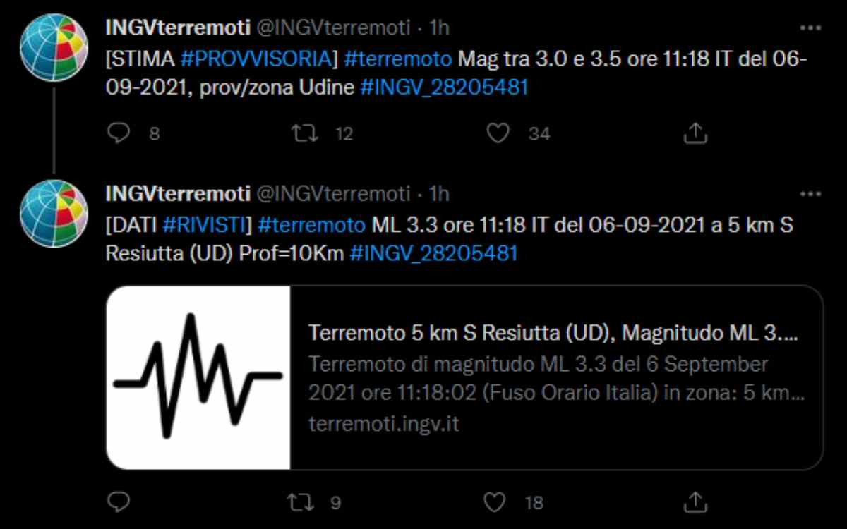 Tweet terremoto Udine (screen Istituto Nazionale di Geofisica e Vulcanologia)