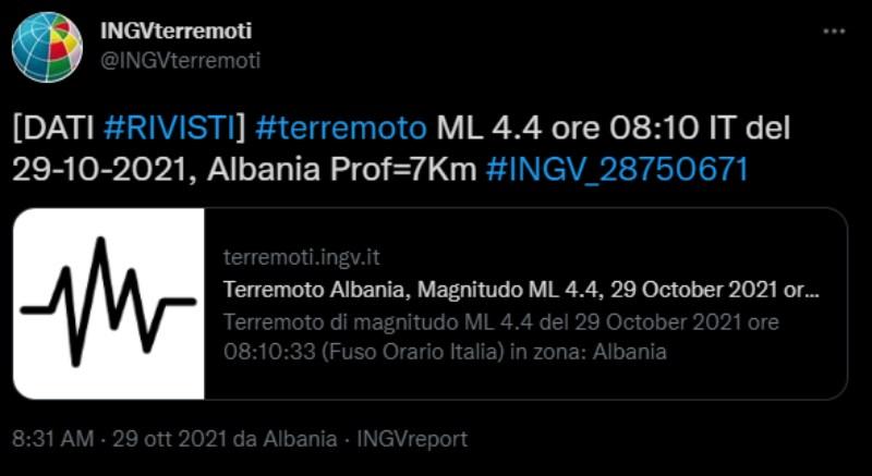 Terremoto Albania (Twitter INGV)