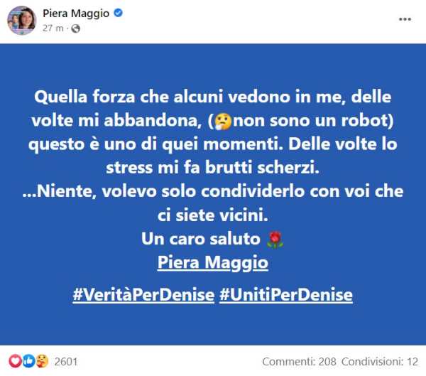 Post di Piera Maggio, mamma di Denise Pipitone (Facebook)