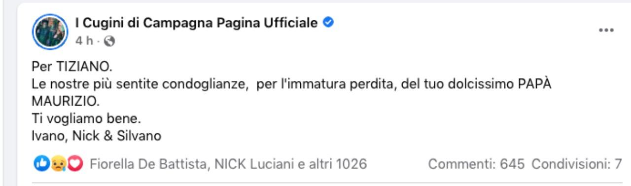 Tiziano Leonardi in lutto, il cordoglio dei Cugini di Campagna