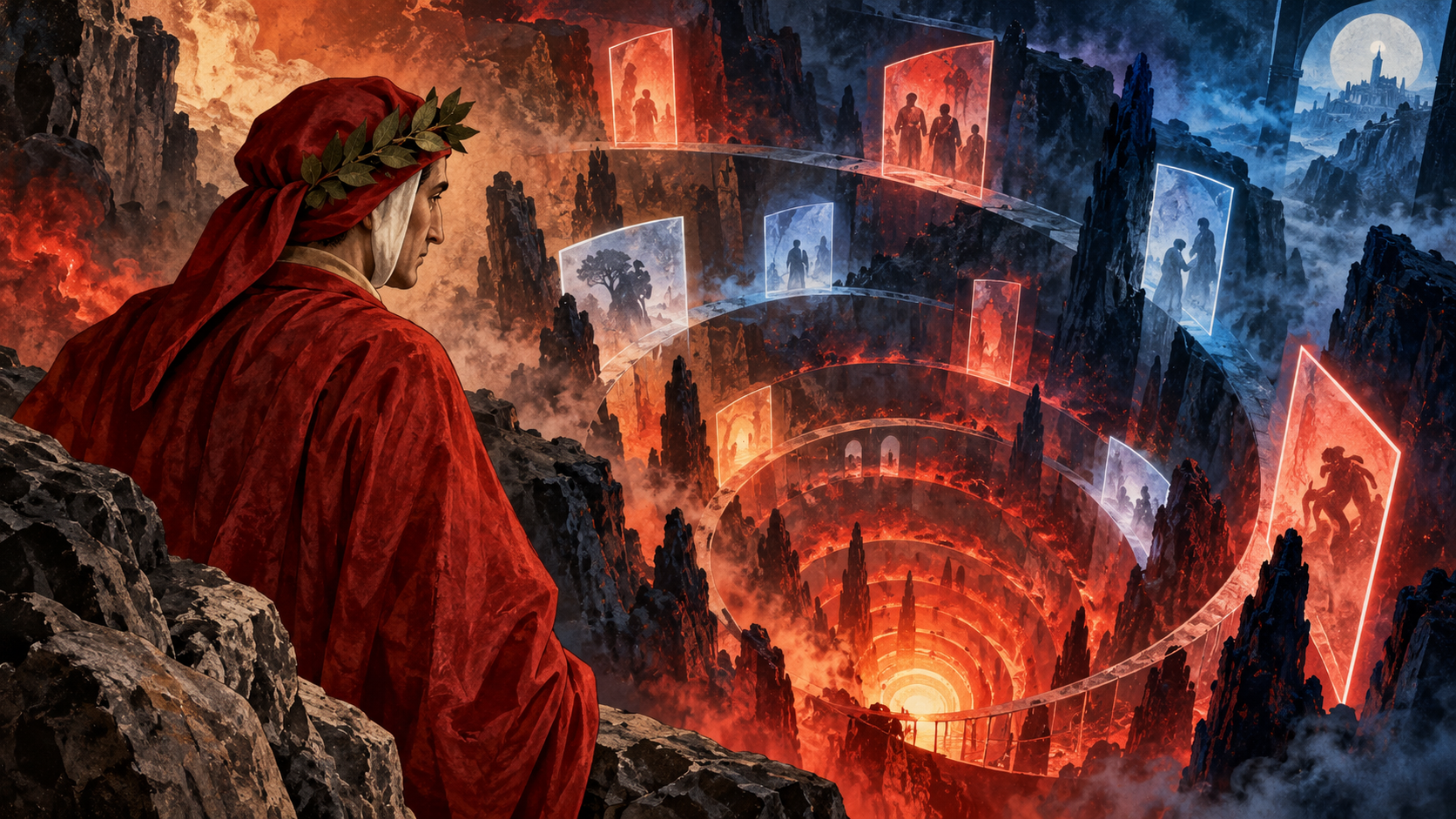 Illustrazione per la mostra Dante a Napoli: il poeta davanti a gironi infernali e portali digitali