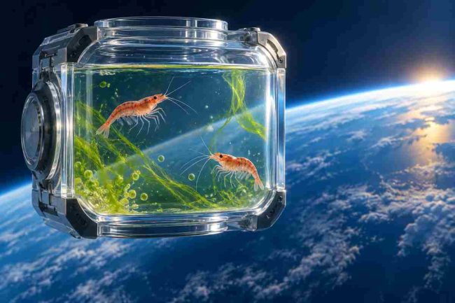 Gamberetti nello spazio: illustrazione concettuale di un ecosistema acquatico con alghe sopra la Terra