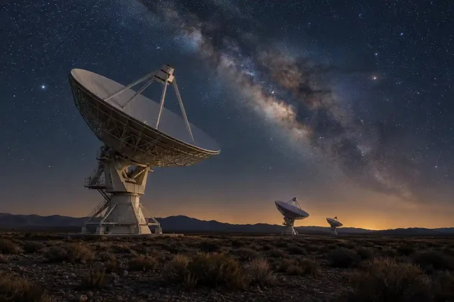 Radiotelescopi sotto un cielo stellato, illustrazione per la ricerca sulla coppia di stelle NGC 362D
