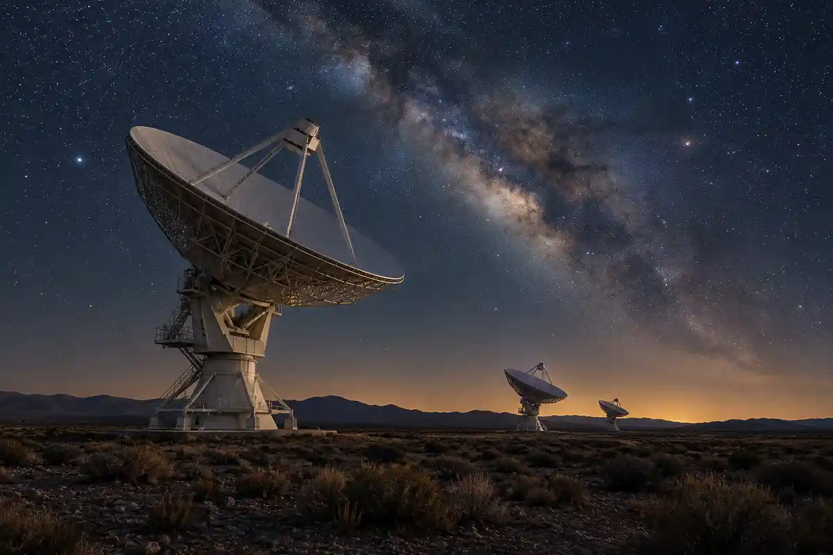Radiotelescopi sotto un cielo stellato, illustrazione per la ricerca sulla coppia di stelle NGC 362D