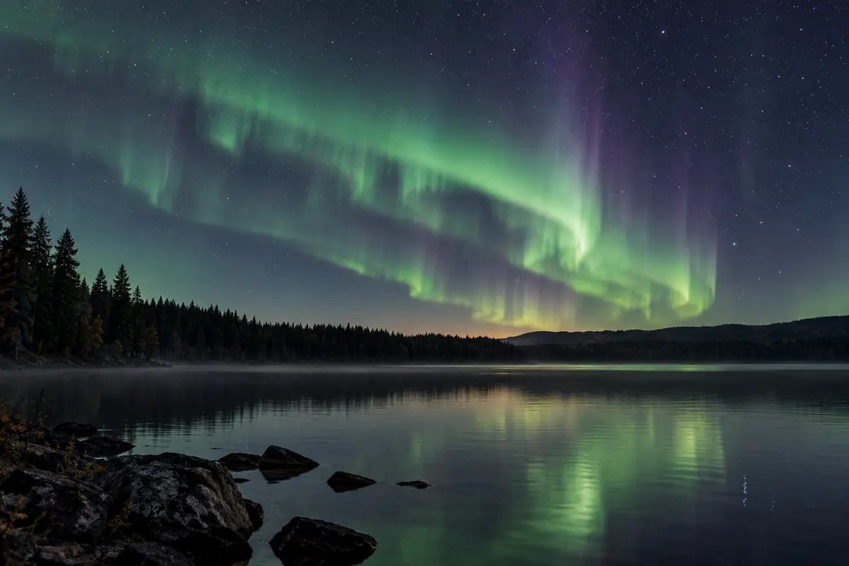 Aurora boreale verde sopra un lago e una foresta, paesaggio illustrativo