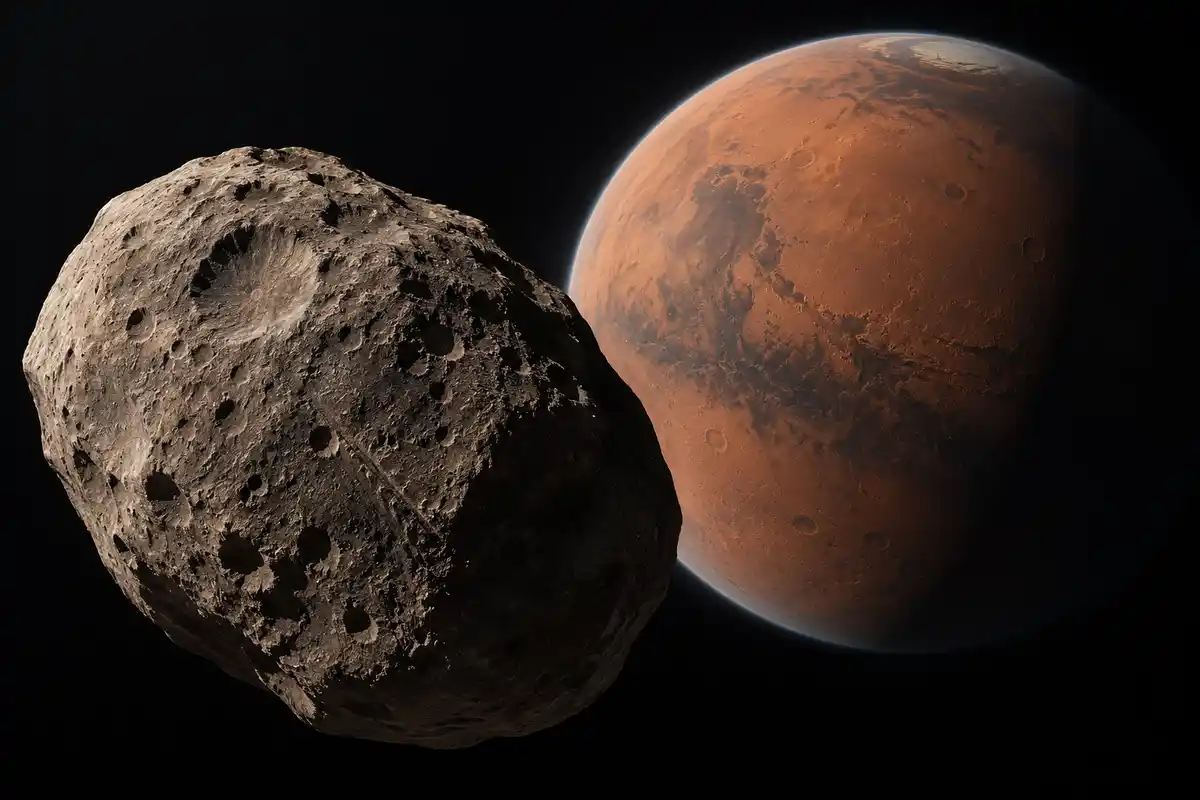 Phobos davanti a Marte, ricostruzione illustrativa per la missione MMX