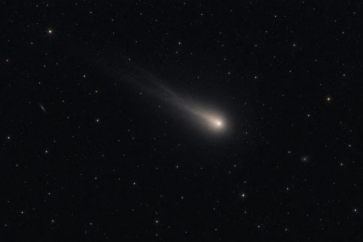 Cometa con chioma luminosa su un campo stellato, illustrazione per la scoperta di Euclid