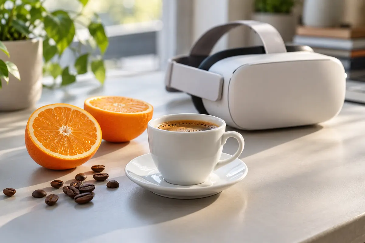 Tazzina di caffè, arancia e visore di realtà virtuale, illustrazione per Scentronic