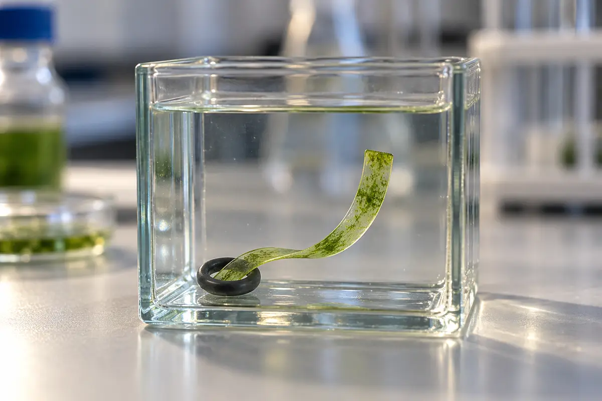 Illustrazione IA di una striscia verde di idrogel curva accanto a un piccolo anello in acqua