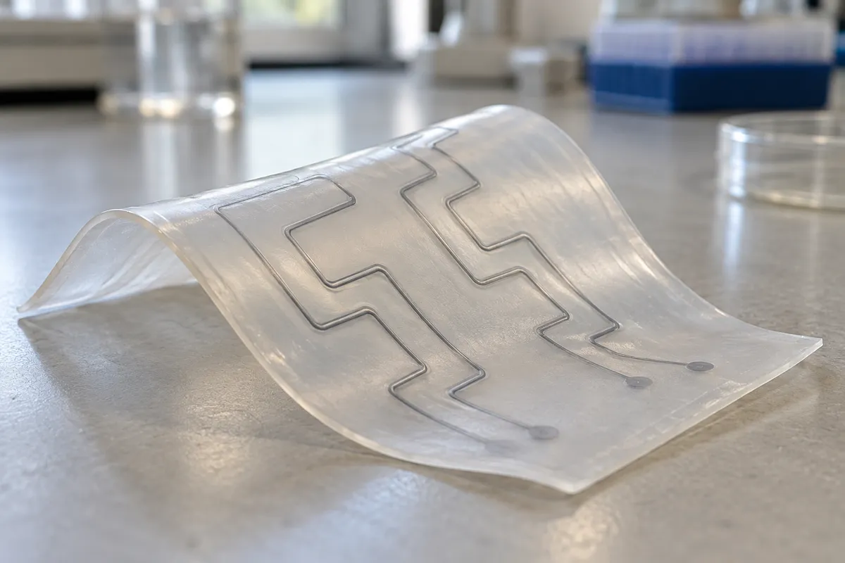 Illustrazione IA di un foglio flessibile con sottili canali scuri su un banco da laboratorio
