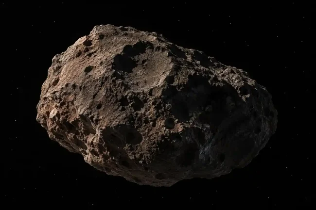 Illustrazione IA di un asteroide irregolare illuminato dal Sole su uno sfondo spaziale scuro